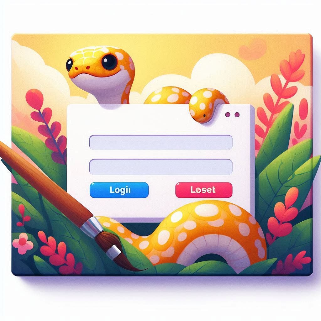 a cute python snake painting on a canvas a login form with a lot of colors and a fully white background