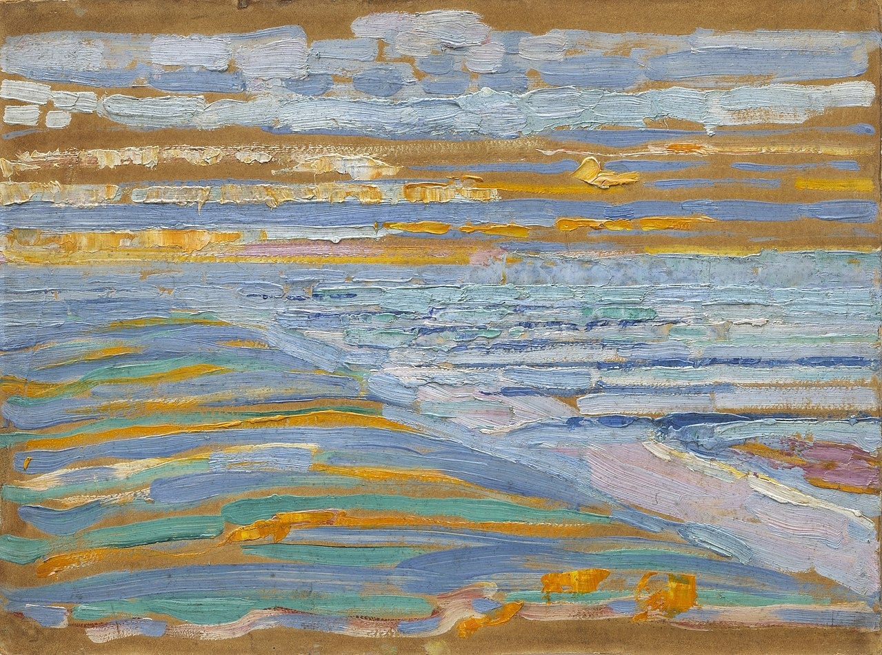 Piet Mondrian painting View from the Dunes with Beach and Piers, Domburg, in the Museum of Modern Art Piet Mondrian painting View from the Dunes with Beach and Piers, Domburg, in the Museum of Modern Art