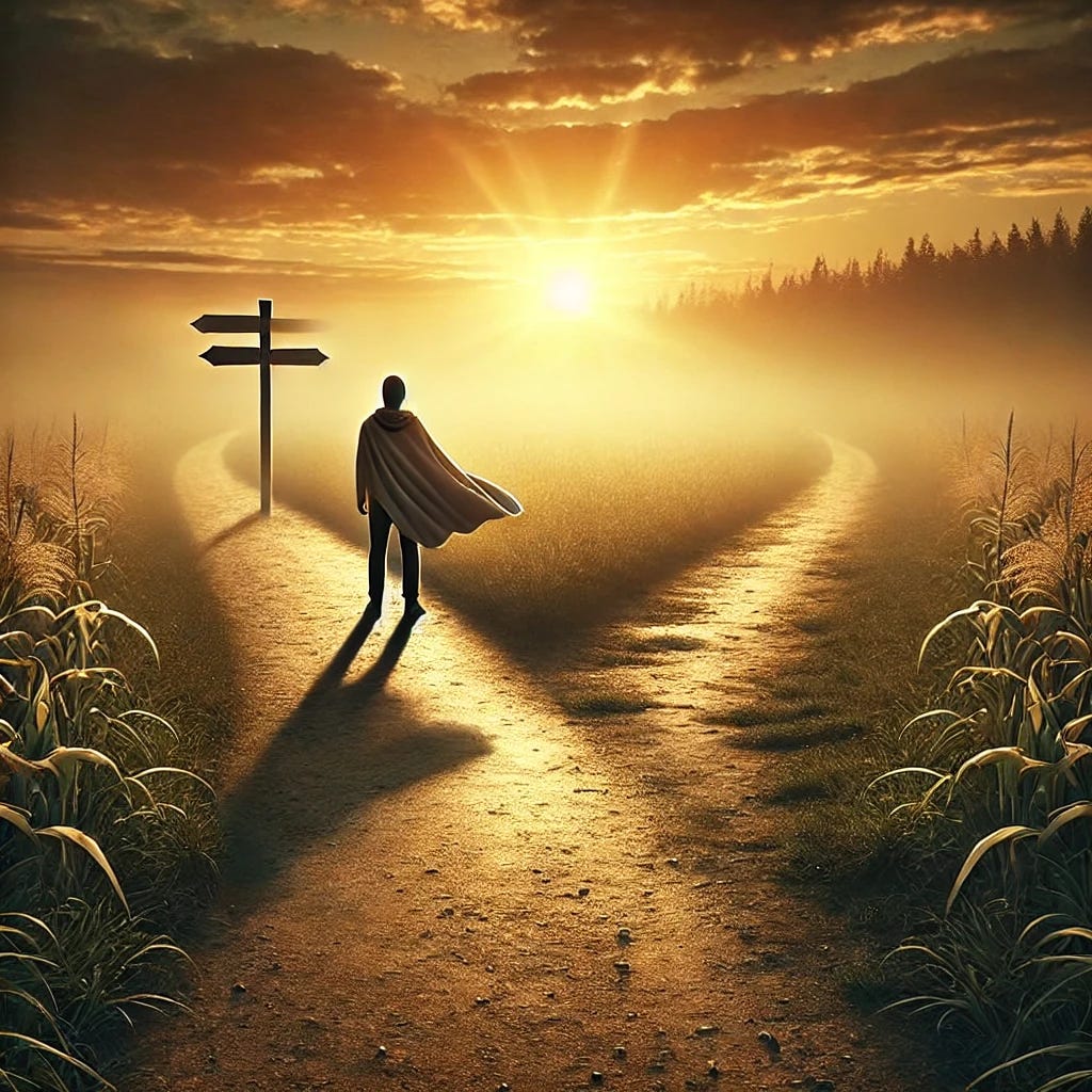 A lone figure stands at a fork in the road at sunrise, symbolizing a moment of decision. The paths are made of earth, not paved. One path is well-trodden and smooth, while the other is rugged, overgrown, and difficult to pass. The figure, wearing a simple cloak, takes a step onto the difficult path, embodying the courage to break habits and embrace challenge. The rising sun bathes the scene in golden light, symbolizing transformation and new beginnings. The wind stirs the figure’s cloak, emphasizing motion and determination. There is no signpost or marker in the scene.