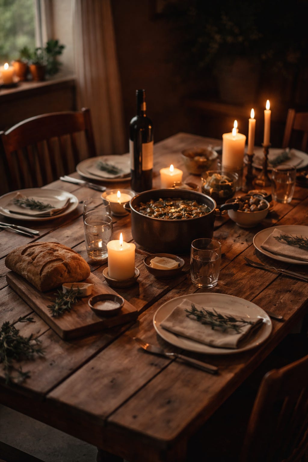 A wooden dinner table set for several people, lit by candlelight, with a pot of stew at the center, loaves of bread, simple plates, and empty chairs waiting to be filled.