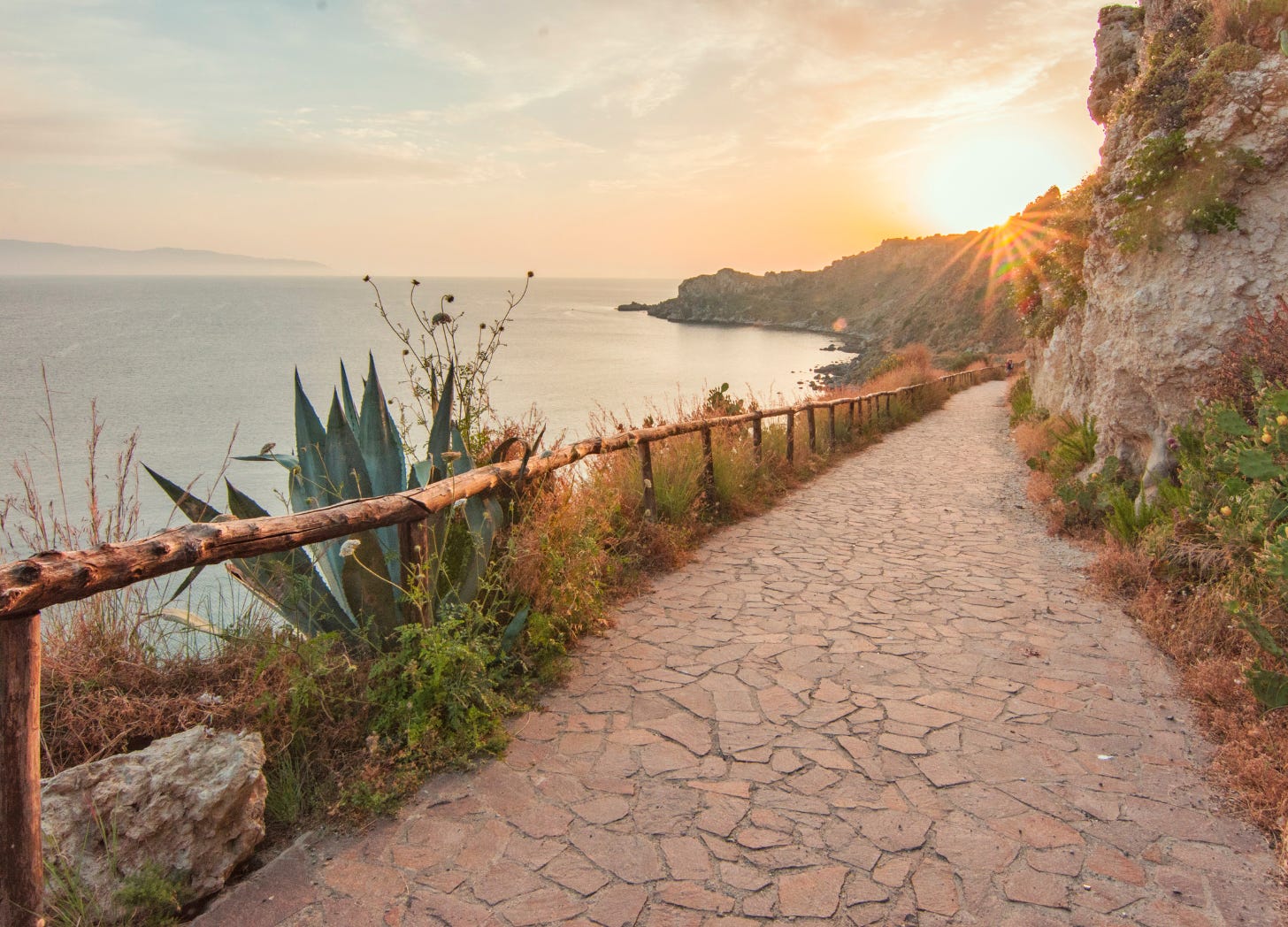 A stone path overlooking the ocean at sunrise, lined with a wooden railing and wild plants, symbolizing forward movement, clarity, and long-term vision.