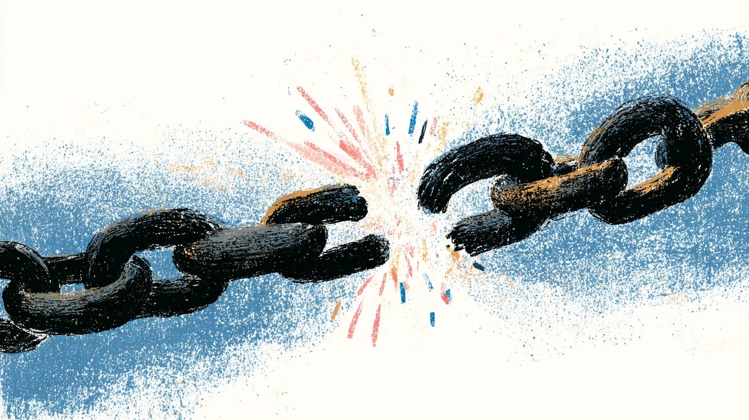 Illustration of a chain breaking apart with colourful sparks at the snapping point.