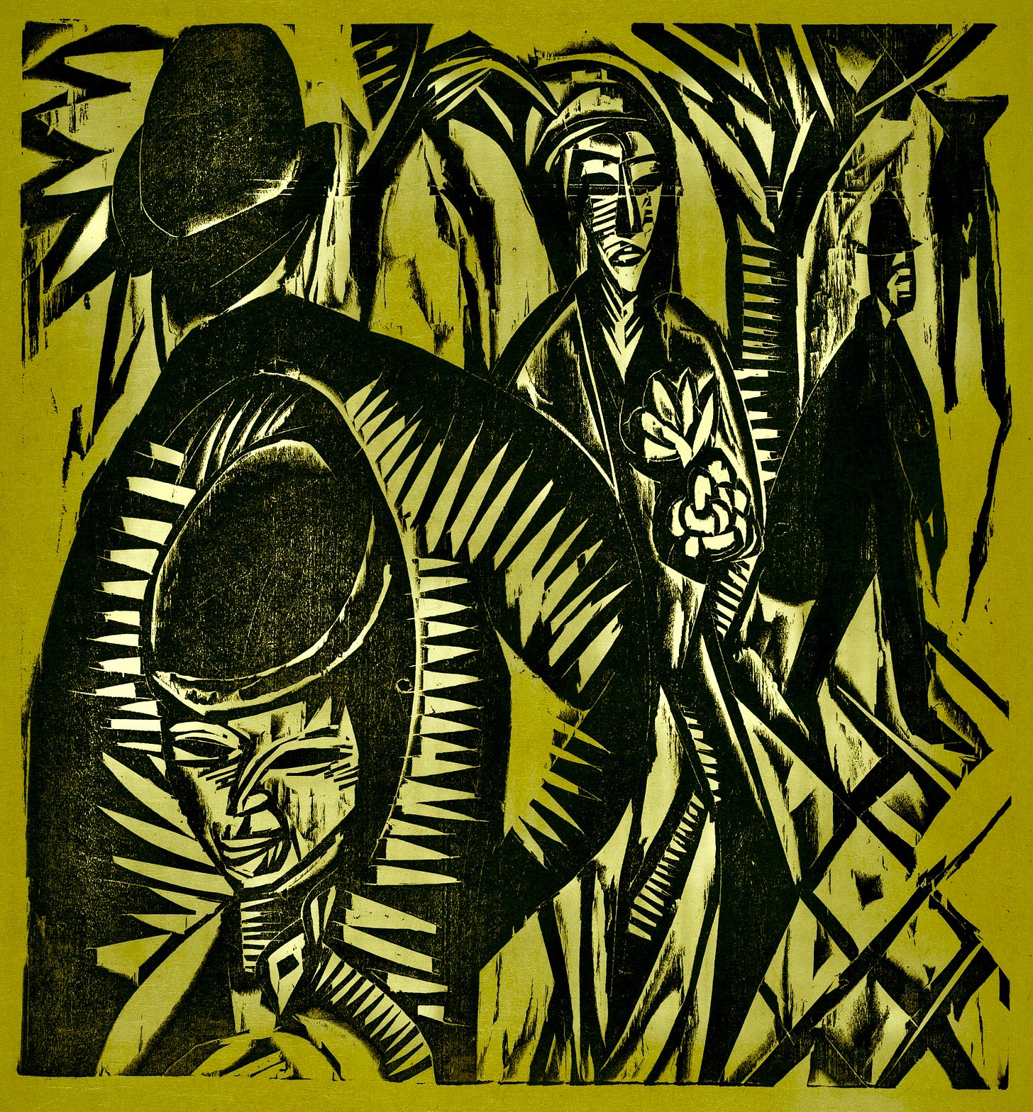 Street Scene after the Rain (Straßenszene, Nach dem Regen), 1914, Ernst Ludwig Kirchner, National Gallery (green tint added)