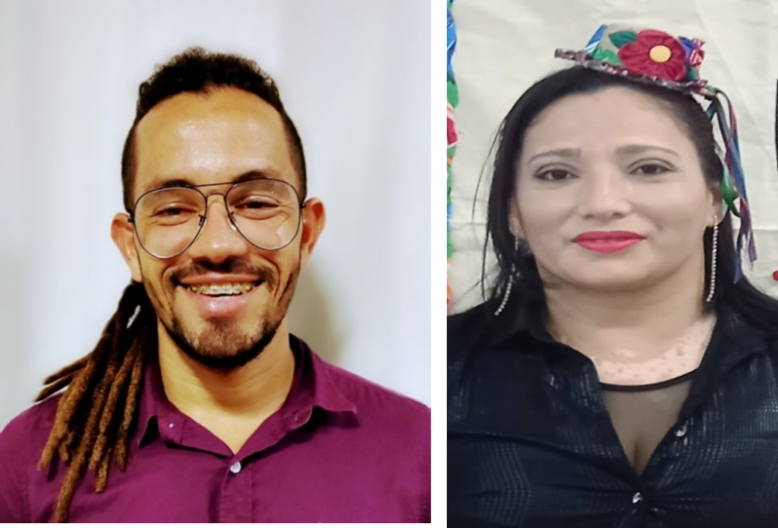 Descrição da imagem: duas fotografias justapostas. À esquerda, Paulo Roberto do Vale, um homem jovem, pardo, de cabelos escuros, com tranças estilo rastafari, barba e bigode de corte baixo. Ele usa óculos de aros finos, aparelho ortodôntico e uma blusa de tom marsala. À direita, Maria Lopes, uma mulher branca, de cabelos pretos e lisos, na altura dos ombros. Ela usa um pequeno adereço vermelho na cabeça, de onde descem fitas coloridas, brincos pendentes na cor prata, batom vermelho e blusa preta. 