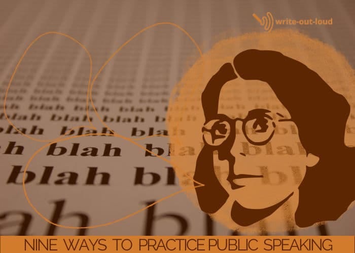 Background image: blah, blah...with silhouette overlay of a woman and speech bubbles. Text: 9 ways to practice public speaking