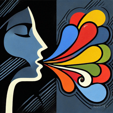 An artistic illustration depicting a silhouette of a woman with colorful shapes flowing from her mouth, symbolizing the power of words and expression.