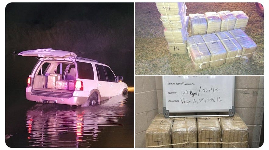 End of a high-speed chase by South Texas Border Patrol Agents.: Smugglers fled to Mexico after driving into the Rio Grande.