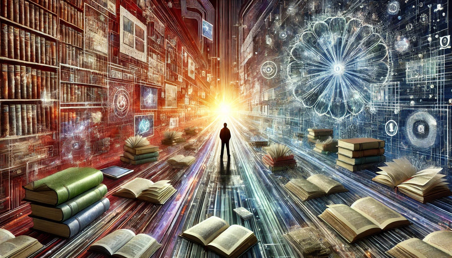 An artistic and emotional image illustrating the concept of information organization and memory techniques. The image shows a person surrounded by books, notes, and digital devices, with pathways leading to organized, bright spaces symbolizing efficient information management. The background transitions from a chaotic, cluttered environment to a serene, focused area, symbolizing the balance between remembering and organizing information. The overall style should be deeply moving and visually stunning, evoking a sense of contemplation and the pursuit of knowledge.