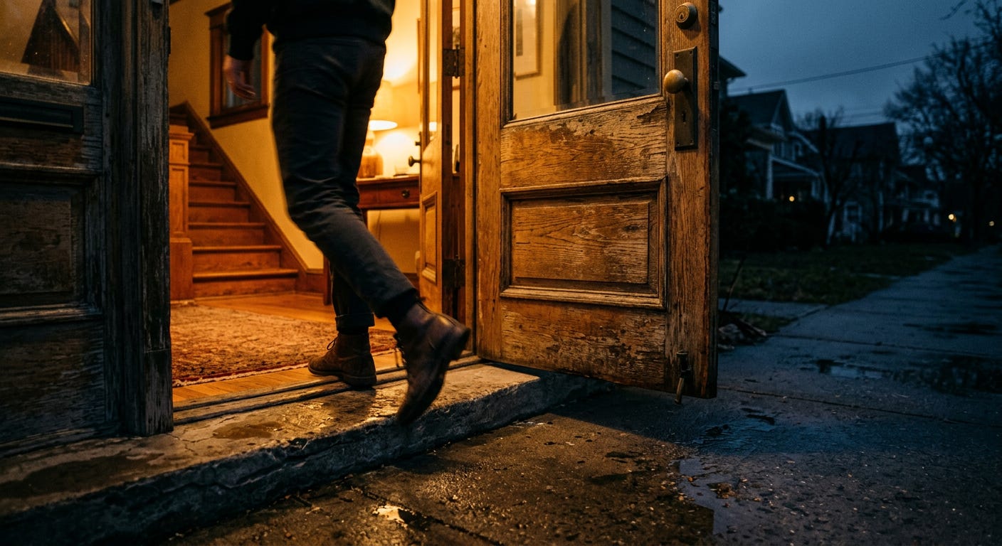 A close-up photograph of a weathered wooden front door open at dusk, with warm light spilling over a concrete threshold as a person steps forward to enter the house. A close-up photograph of a weathered wooden front door open at dusk, with warm light spilling over a concrete threshold as a person steps forward to enter the house.