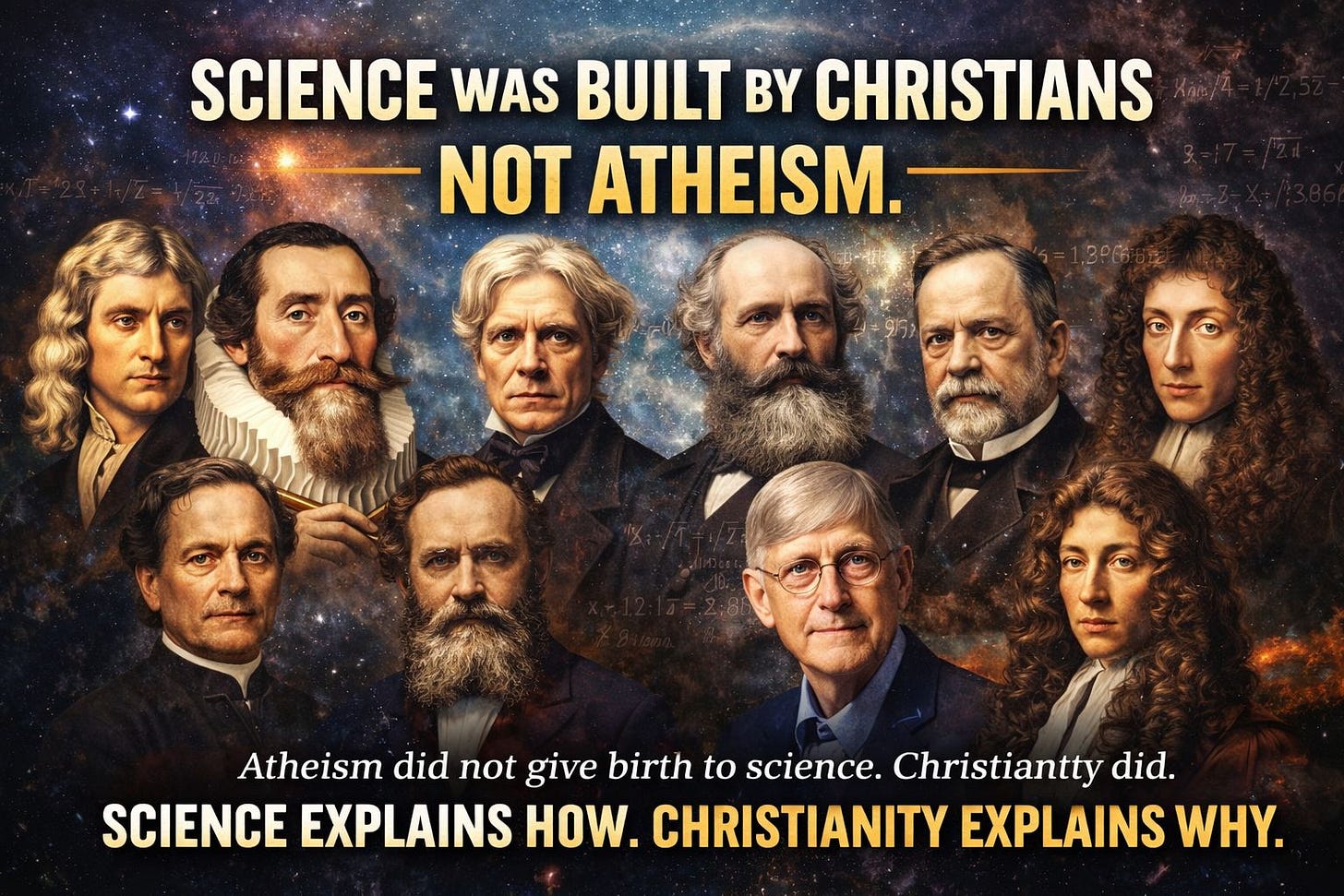 May be an image of text that says 'SCIENCE WAS BUILT BY CHRISTIANS NOT ATHEISM. Atheism did not give birth to science. Christiantty did. SCIENCE EXPLAINS HOW. CHRISTIANITY EXPLAINS WHY.'