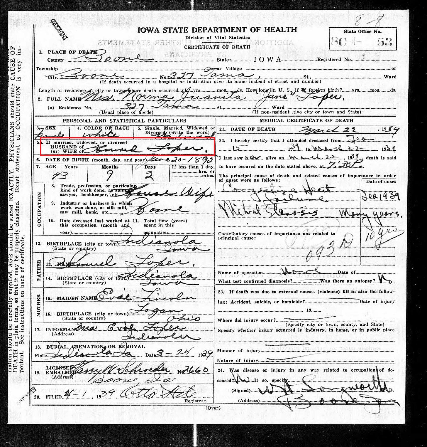 Iowa state department of health death certificate for mrs. norma juanita june loper