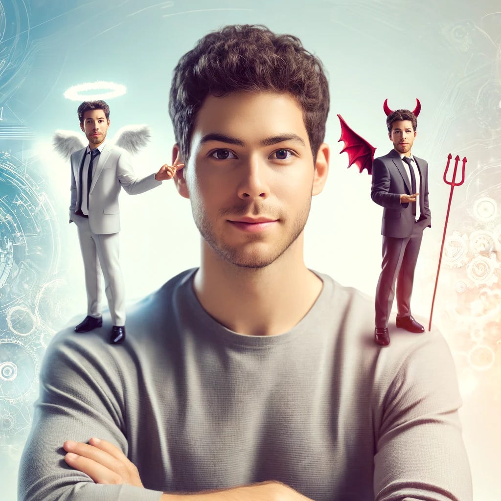 A stylized image of Sam Altman with the forces of good and evil on his shoulders. Image by DALL-E.