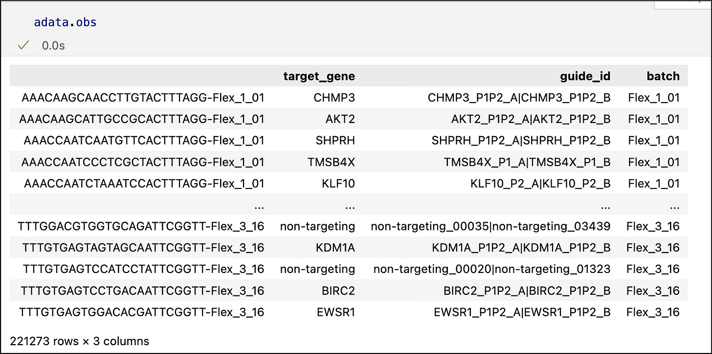 snapshot of training adata.obs (observation for each row) in the provided dataset