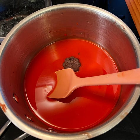achiote tree, fruit, seeds, liquid dye from seeds, in pot with chocolate, finisher drink in cup
