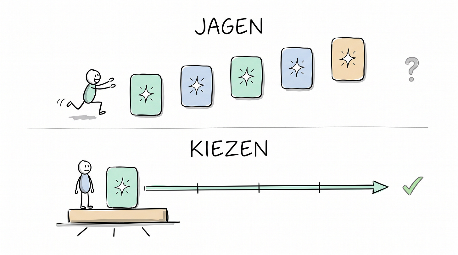 Whiteboardschets met bovenin een rij steeds nieuwere modellen waar een rennend poppetje achteraan zit en onderin één gekozen model op een brede sokkel