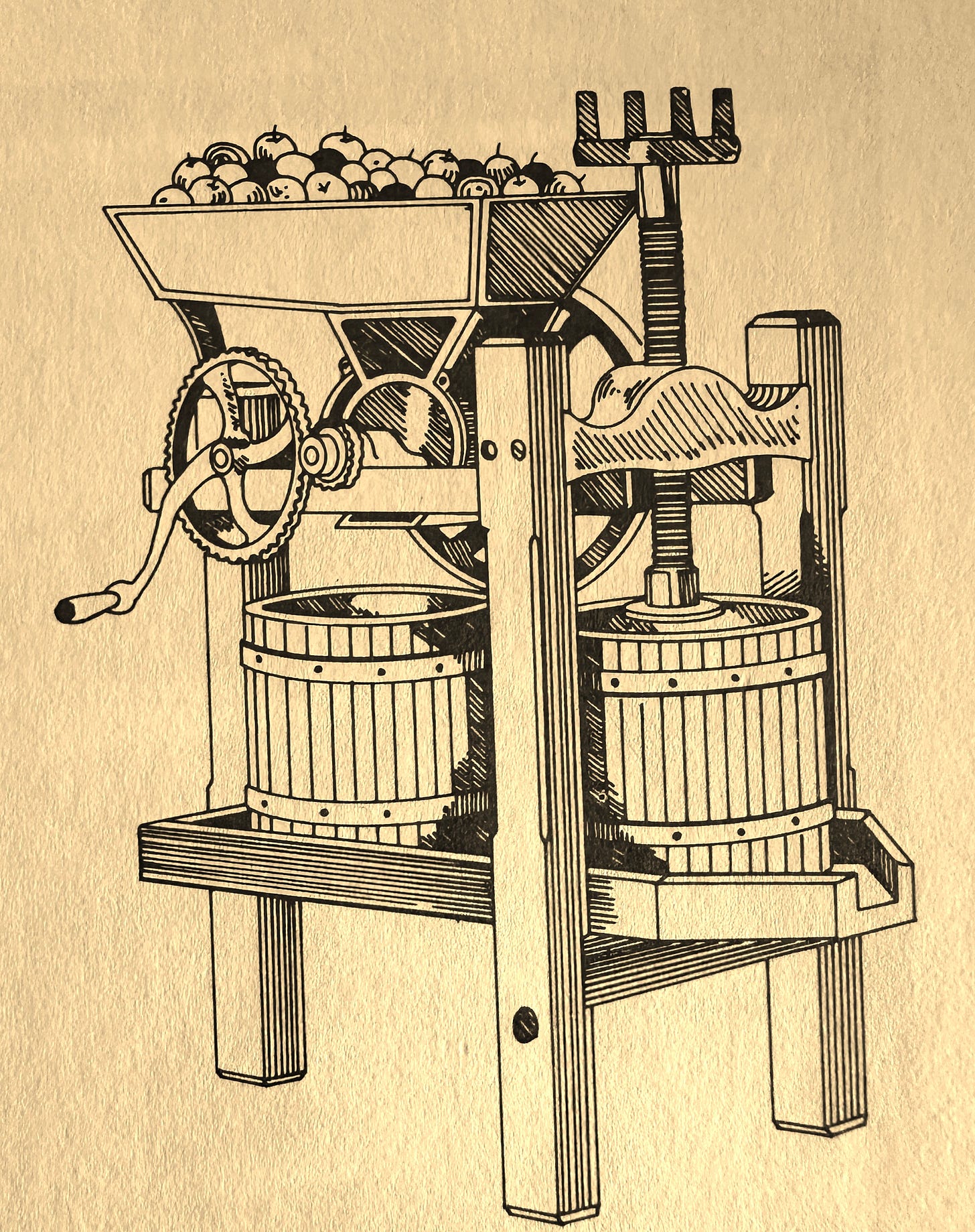 An old-fashioned cider mill used for personal cider production. An old-fashioned cider mill used for personal cider production.