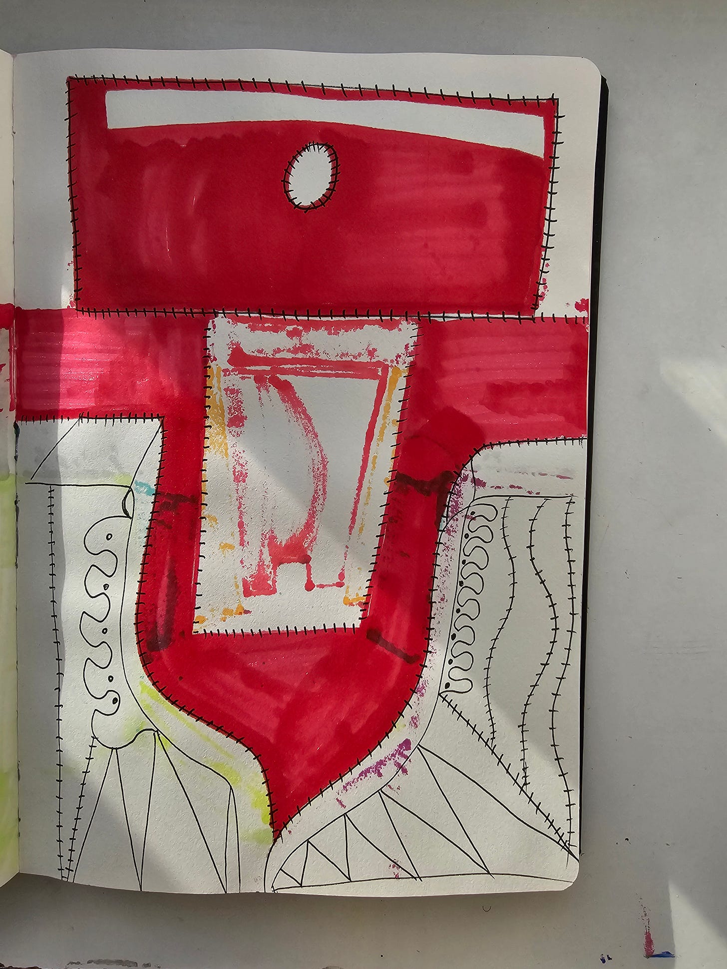 Human-made ink and marker drawing on sketchbook paper showing a large red containment-like structure with stitched black edging, geometric black line work, and a central pale form, presented as an AI-critical artwork by FatbikeHero.