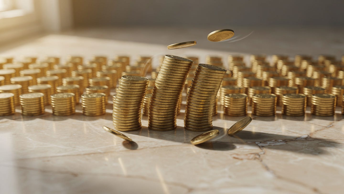 Cinematic macro photograph of a light beige marble surface with hundreds of small, neatly arranged stacks of golden coins standing stable in orderly rows. In the center, three much taller coin towers lean dangerously, with a few coins tumbling and rolling across the marble. Soft warm side window light, long delicate shadows, shallow depth of field with the leaning towers in sharp focus and the background stacks slightly blurred. Financial editorial aesthetic, realistic photographic look, wide panoramic composition, beige, gold and warm grey palette. No text, no people, no logos. Cinematic macro photograph of a light beige marble surface with hundreds of small, neatly arranged stacks of golden coins standing stable in orderly rows. In the center, three much taller coin towers lean dangerously, with a few coins tumbling and rolling across the marble. Soft warm side window light, long delicate shadows, shallow depth of field with the leaning towers in sharp focus and the background stacks slightly blurred. Financial editorial aesthetic, realistic photographic look, wide panoramic composition, beige, gold and warm grey palette. No text, no people, no logos.