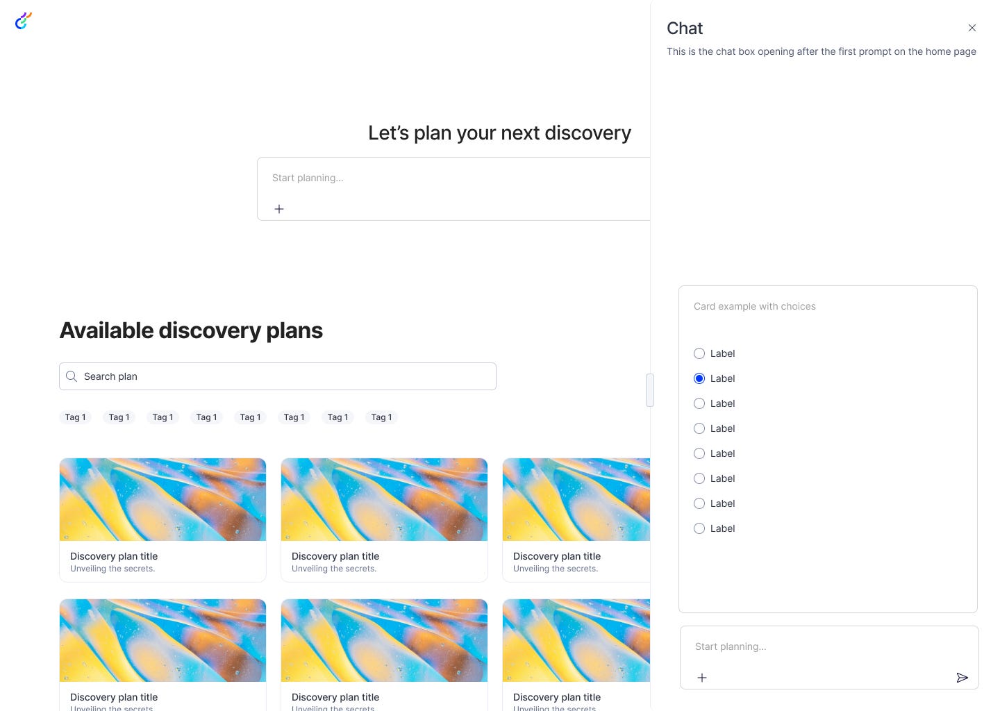 A sketch of the app with title, chat prompt below the title and a chat panel open on the right hand side. Then at the bottom of the page, tiles to reports