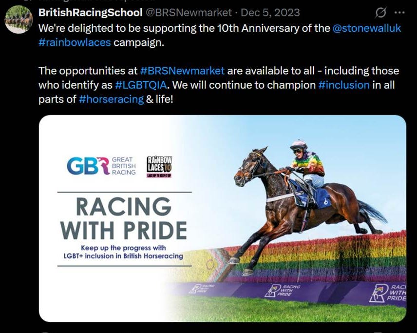 British Racing School tweet promoting Rainbow Laces campaign