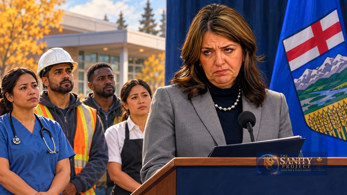 Editorial illustration of a scowling Danielle Smith at a lectern beside an Alberta flag, with health-care, construction and hospitality workers behind her. Editorial illustration of a scowling Danielle Smith at a lectern beside an Alberta flag, with health-care, construction and hospitality workers behind her.