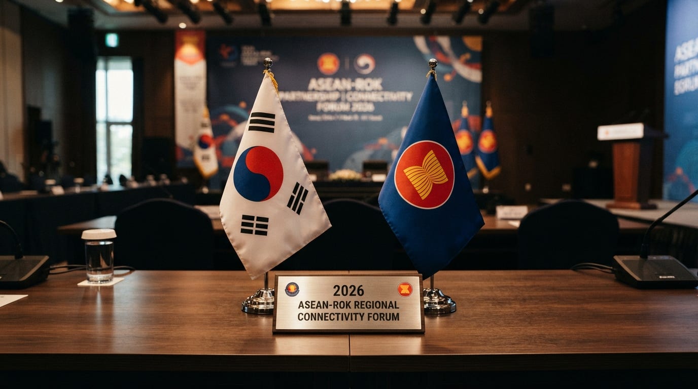 Official banner of the 2026 ASEAN-ROK Regional Connectivity Forum in Jakarta showcasing regional delegates and economic cooperation maps. Official banner of the 2026 ASEAN-ROK Regional Connectivity Forum in Jakarta showcasing regional delegates and economic cooperation maps.