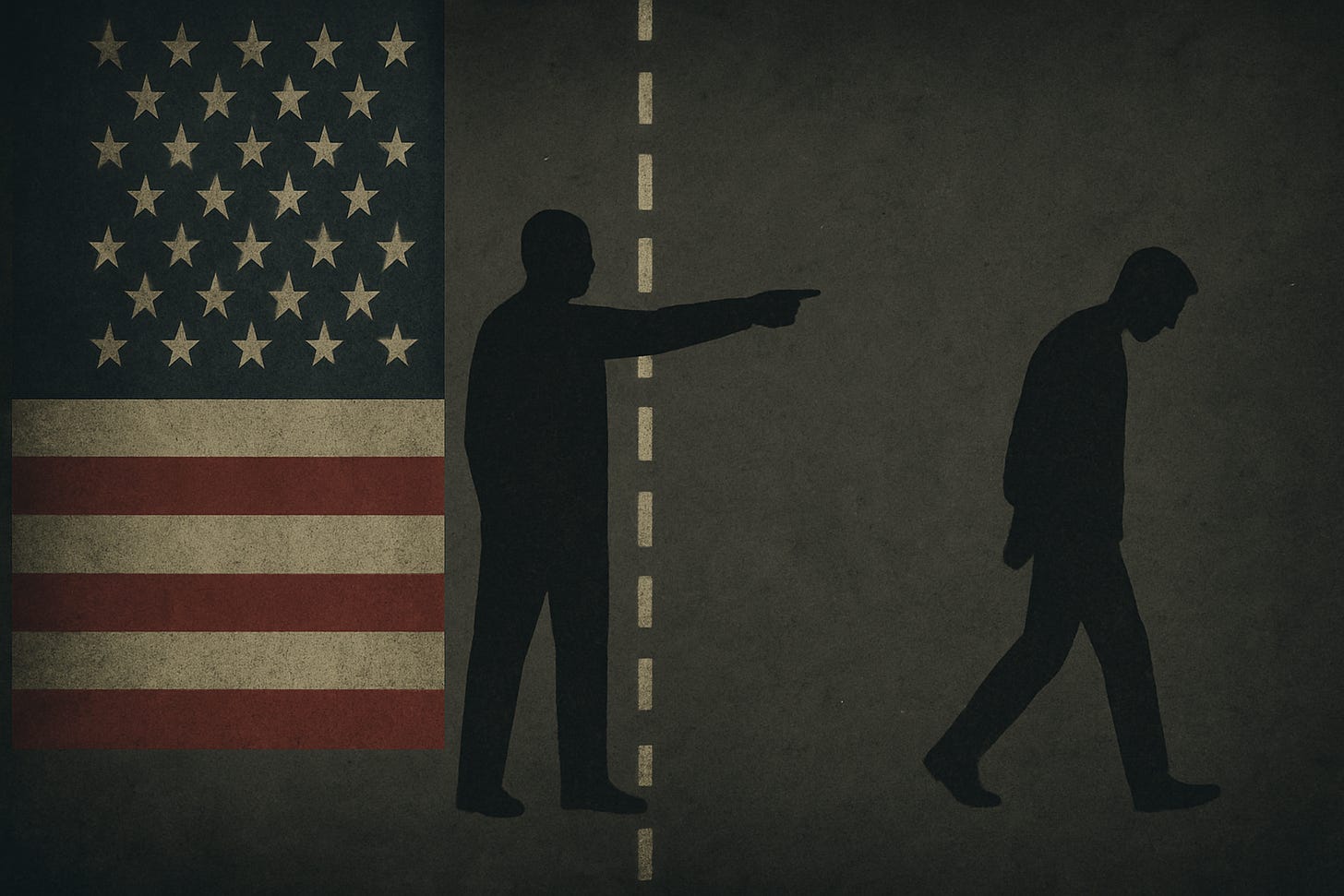 A muted, symbolic illustration shows an American flag on the left, partially reversed to signal national distress. A dashed line demarcates the border between two figures—one standing within the United States, pointing menacingly into the distance; the other outside the line, walking away dejectedly. The figures are anonymized silhouettes, highlighting themes of exclusion, power, and shrinking citizenship.