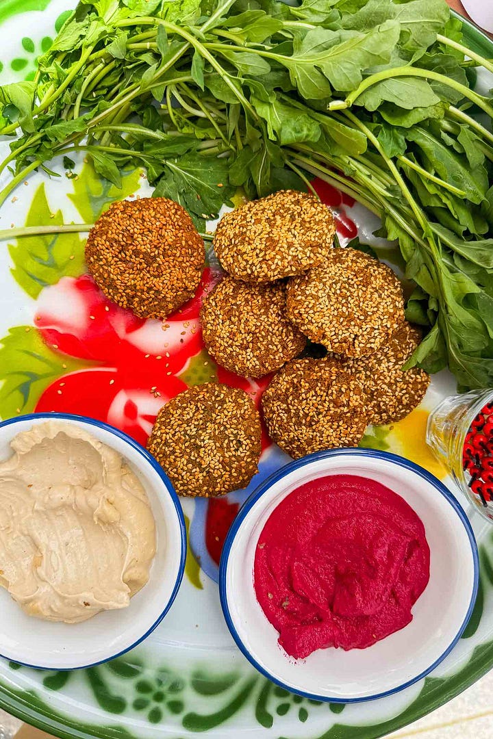 Cabbage rolls and falafel with hummus and herbs