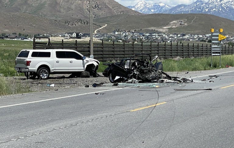 (Utah County Sheriff's Office) A head-on crash reportedly prompted by road rage killed two people in Eagle Mountain on Sunday, June 4, 2023. (Utah County Sheriff's Office) A head-on crash reportedly prompted by road rage killed two people in Eagle Mountain on Sunday, June 4, 2023.