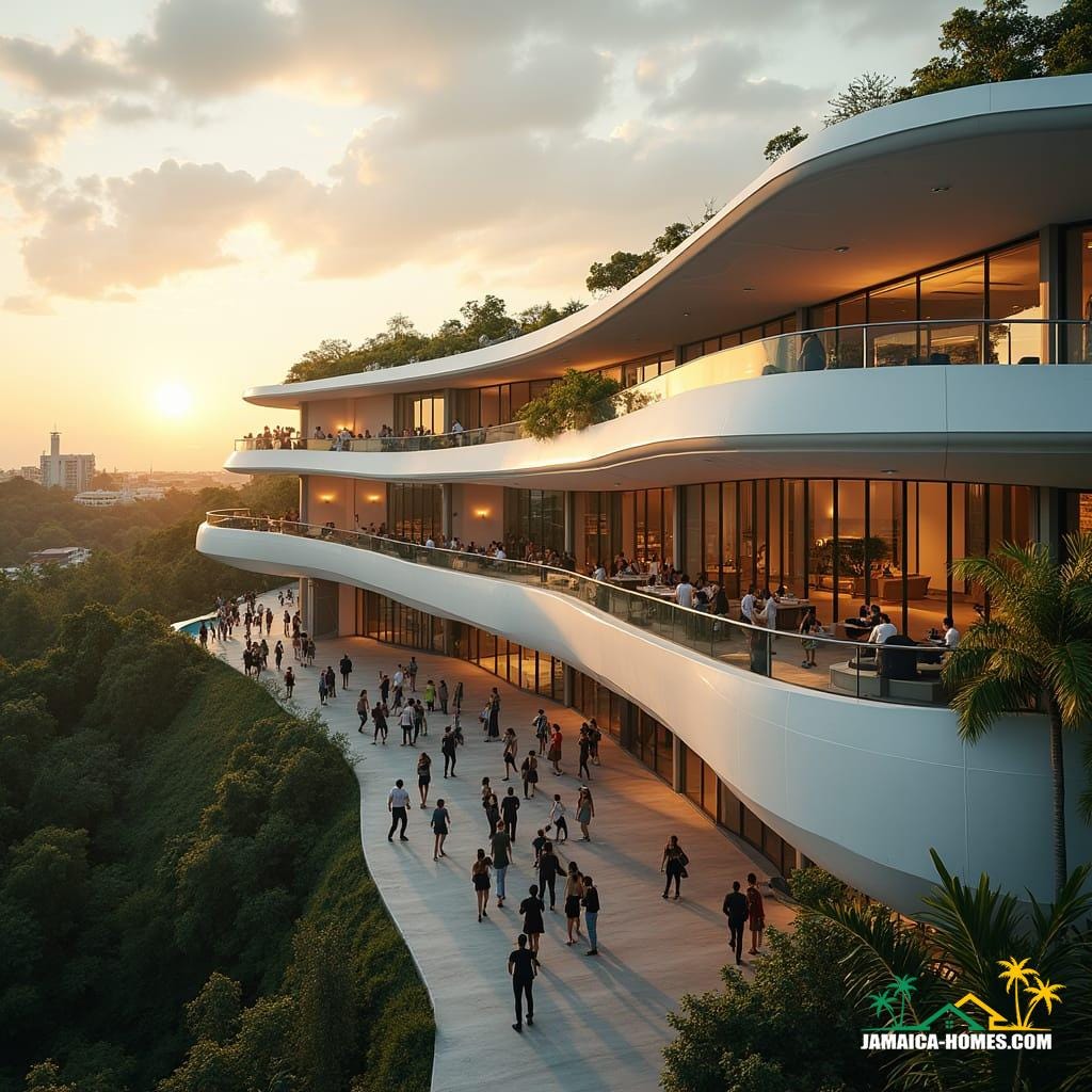 Futuristic co-living space in New Kingston, Jamaica, designed for young professionals. 