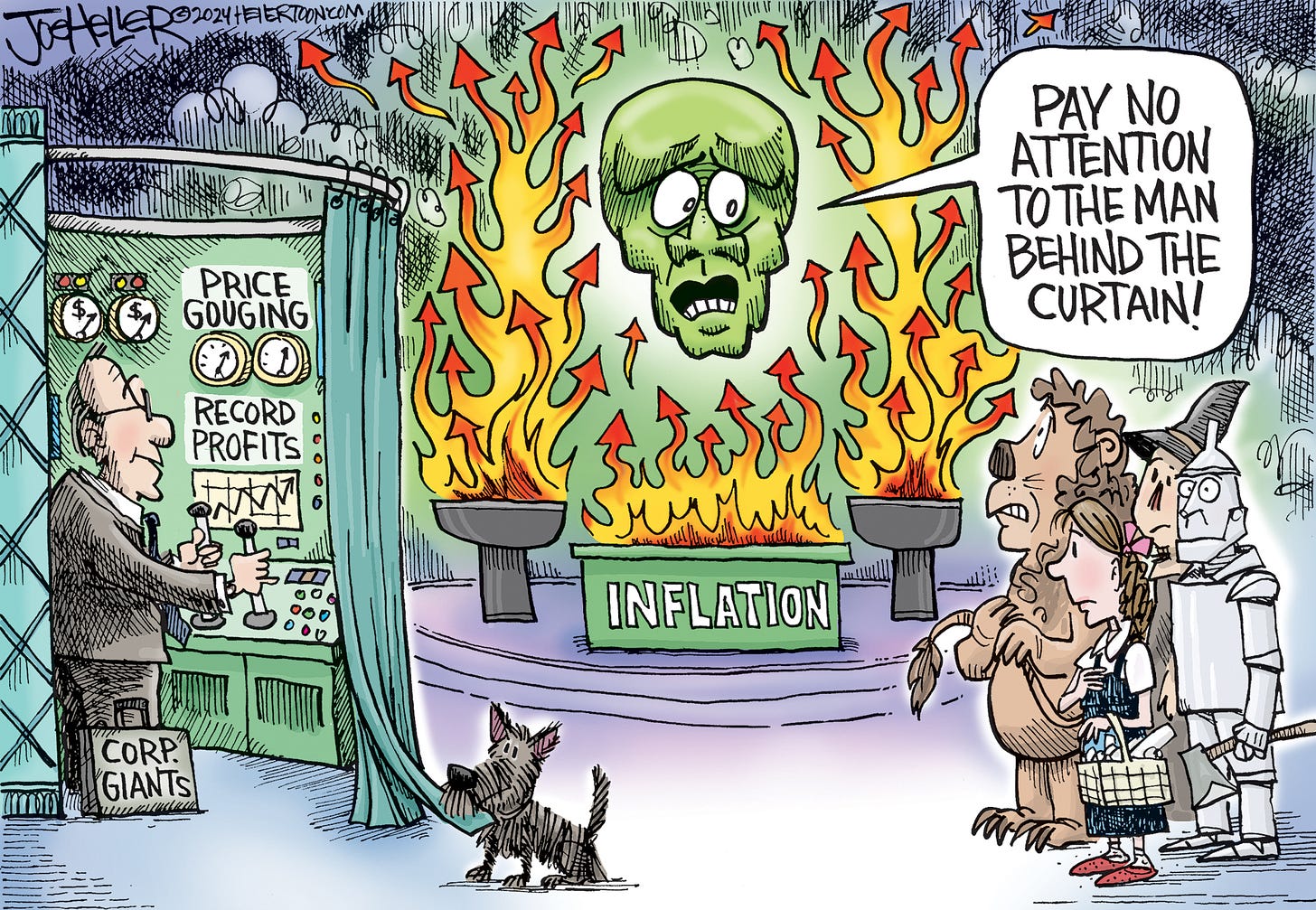Political cartoon illustrating corporate greed and inflation in America