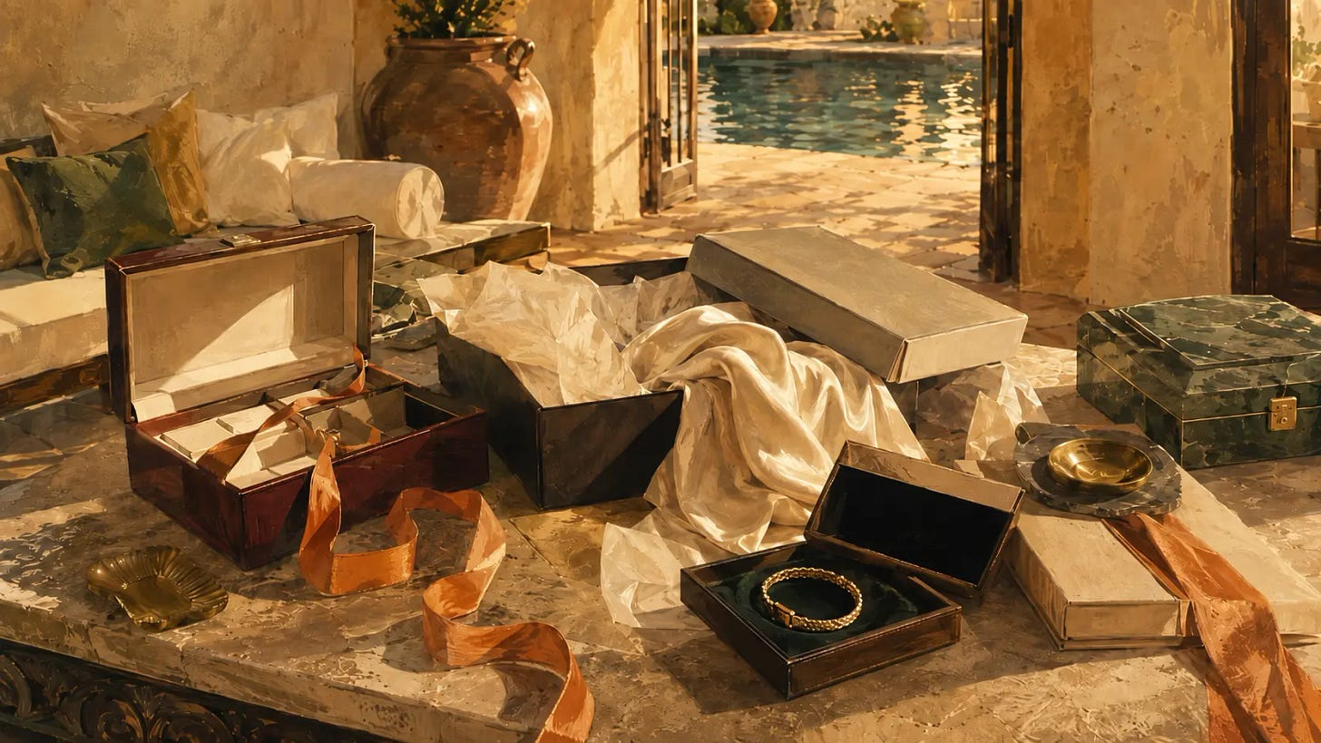 Open luxury gift boxes, silk, ribbons, and a gold bracelet cover a sunlit pool-house table beside the swimming pool of a mansion. Open luxury gift boxes, silk, ribbons, and a gold bracelet cover a sunlit pool-house table beside the swimming pool of a mansion.