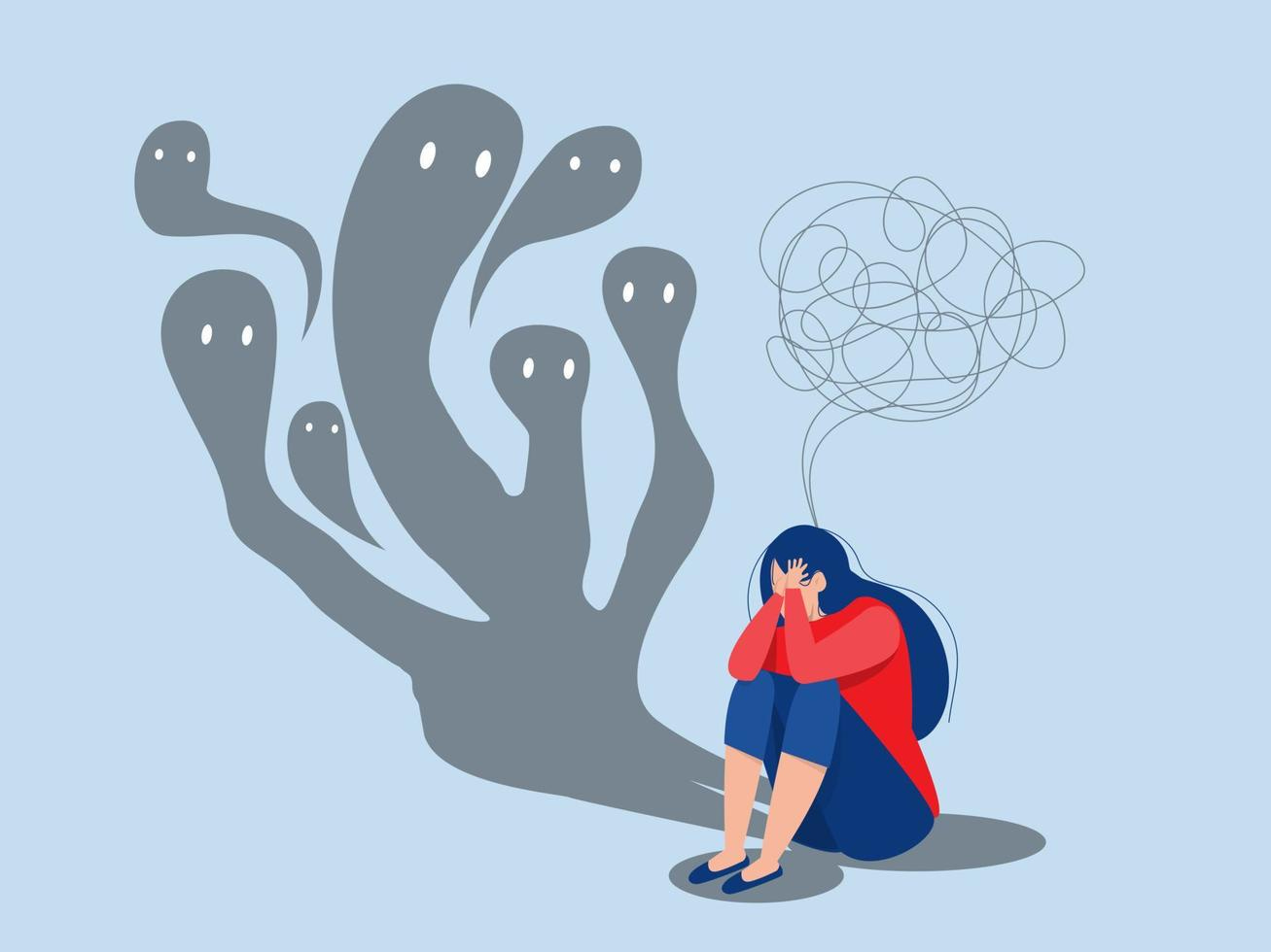 Fear attack concept girl sitting on floor and struggling with inner fears  and psychological disorders problems with mental health and psychology.  phobia Cartoon flat vector illustration 21772476 Vector Art at Vecteezy