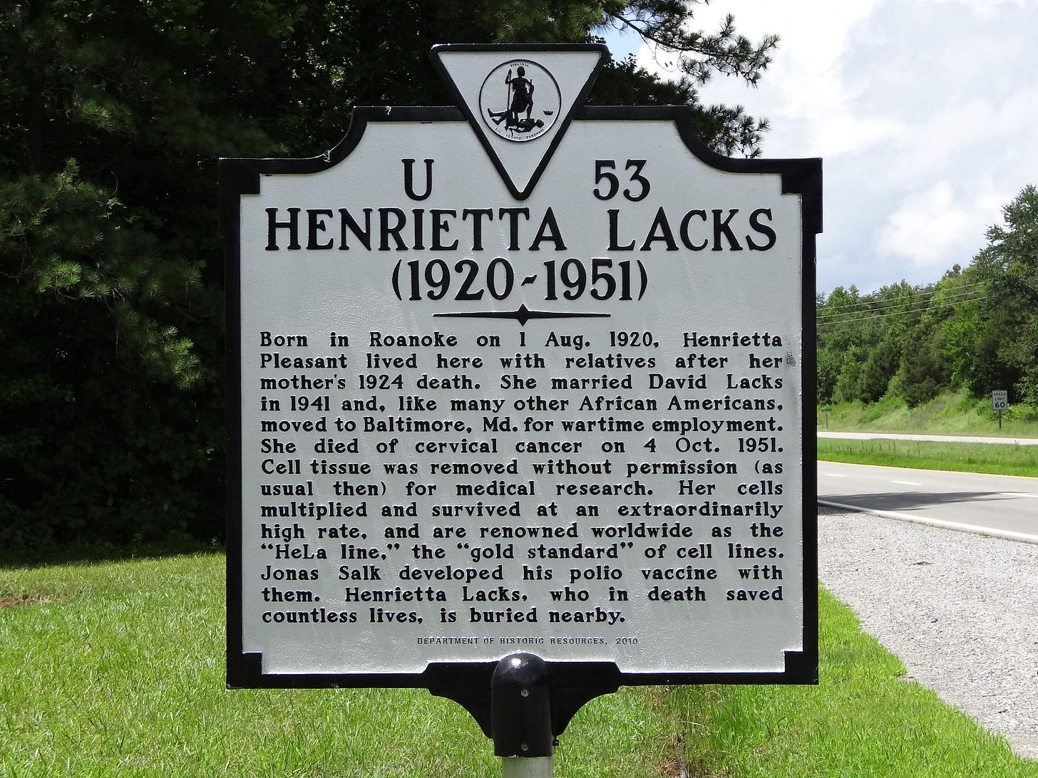 This is a historical marker commemorating the life of Henrietta Lacks. It is silver with black text and black borders. This is a historical marker commemorating the life of Henrietta Lacks. It is silver with black text and black borders.