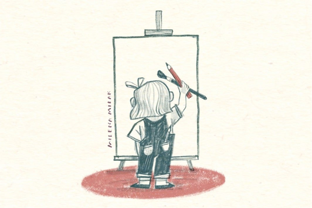 little girl in front of an easel