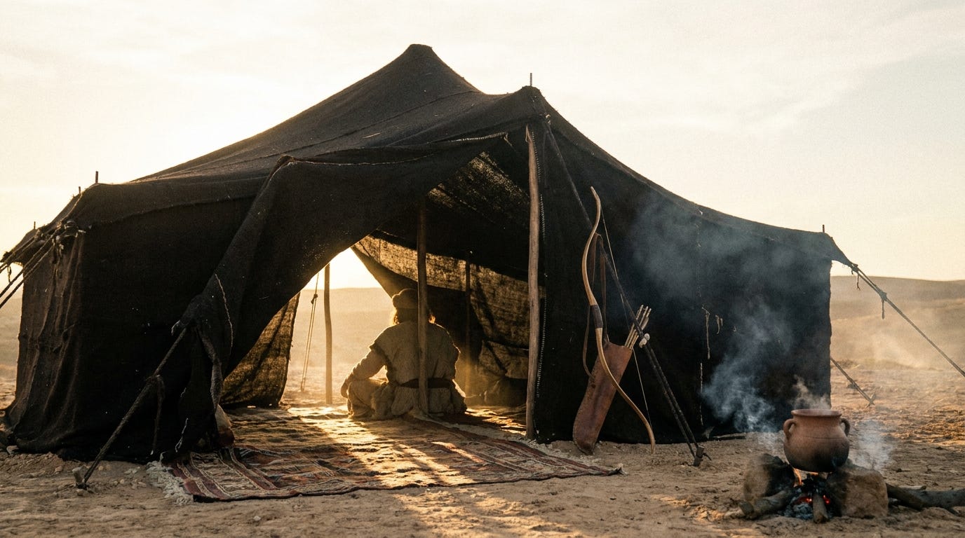 An old blind man resting on a rug inside a dim goat-hair tent, a bow and quiver propped by the tent pole, a clay cooking pot steaming over a small fire outside, faceless figures, no text