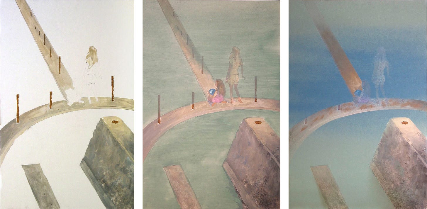  LEFT: Only the concrete structures have been blocked in with rusty rebar jutting up. The thin path of the causeway leads to a low seawall that curves inward toward the foreground. In the lower right, a wedge of wall rises inside that arch and another low line of wall runs parallel to it.  CENTER: Work in progress photo of SEAWALL a little further along. The water is now a simple wash of green. To the concrete structure, two children have been added. The older blonde haired girl is standing. A younger, dark haired girl sits in pink dress with a blue ball in her lap.  RIGHT Work in progress photo of SEAWALL. The underpainting has been washed over with blue so everything is looser and the figures are now hazy. The girl standing is rendered ghostly in white. The pink of the younger girls dress and the blue of the ball still show through.
