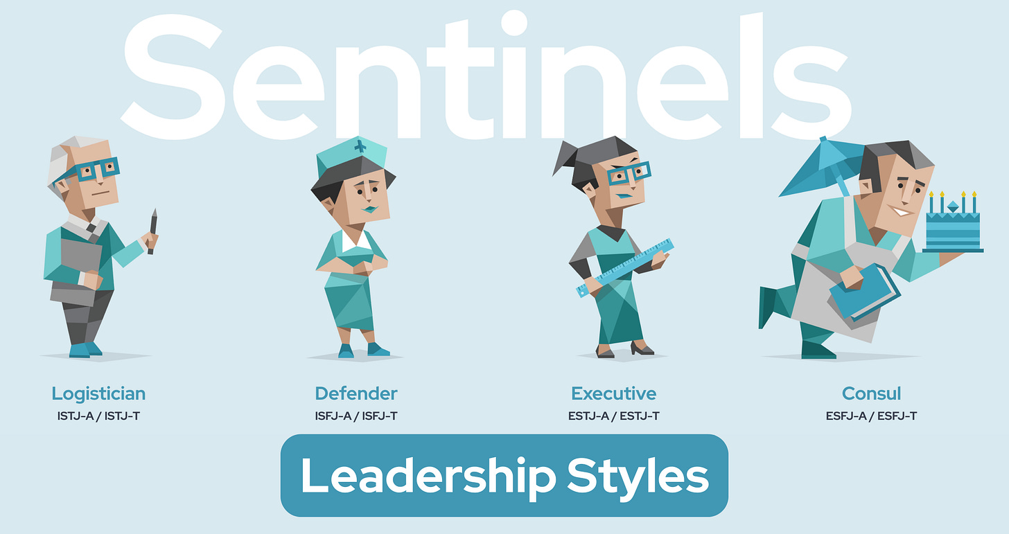 The word 'Sentinels' is prominently displayed, with four blue characters overlapping it - a Logistician, a Defender, an Executive, and a Consul. The type codes are also displayed: ISTJ-A / ISTJ-T, ISFJ-A / ISFJ-T, ESTJ-A / ESTJ-T, and ESFJ-A / ESFJ-T. Below, the words 'Leadership Styles' are shown.