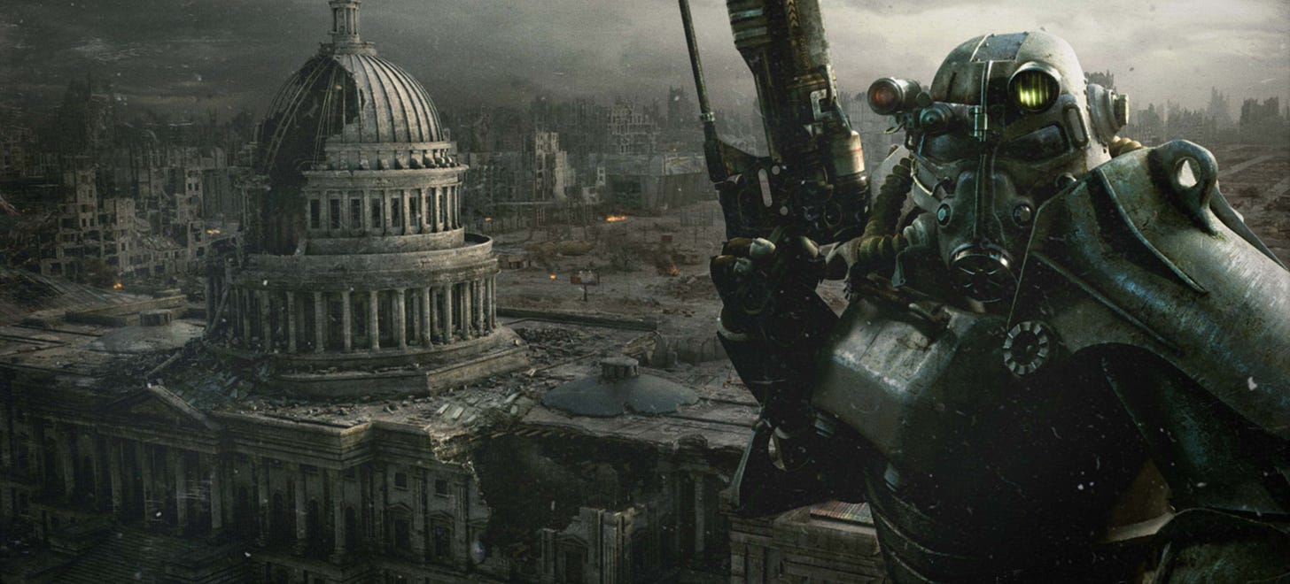 A digital art image of a post-apocalyptic wasteland with a man in a blue jumpsuit and a dog in the foreground. The man is wearing a Pip-Boy, a wrist-mounted computer, and is holding a rifle. The dog is a German shepherd with a bandana around its neck. The background is a desolate landscape with ruined buildings, debris, and a large sign that reads “Welcome to Washington DC”. The image is from the video game Fallout 3, a role-playing game set in the aftermath of a nuclear war.