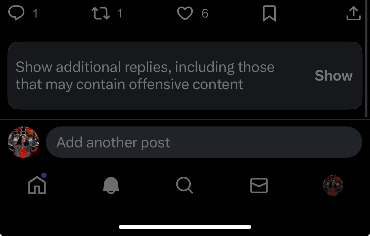 a screenshot from the Twitter app that shows the users replies has a "hidden replies" tab that is hiding the bots.