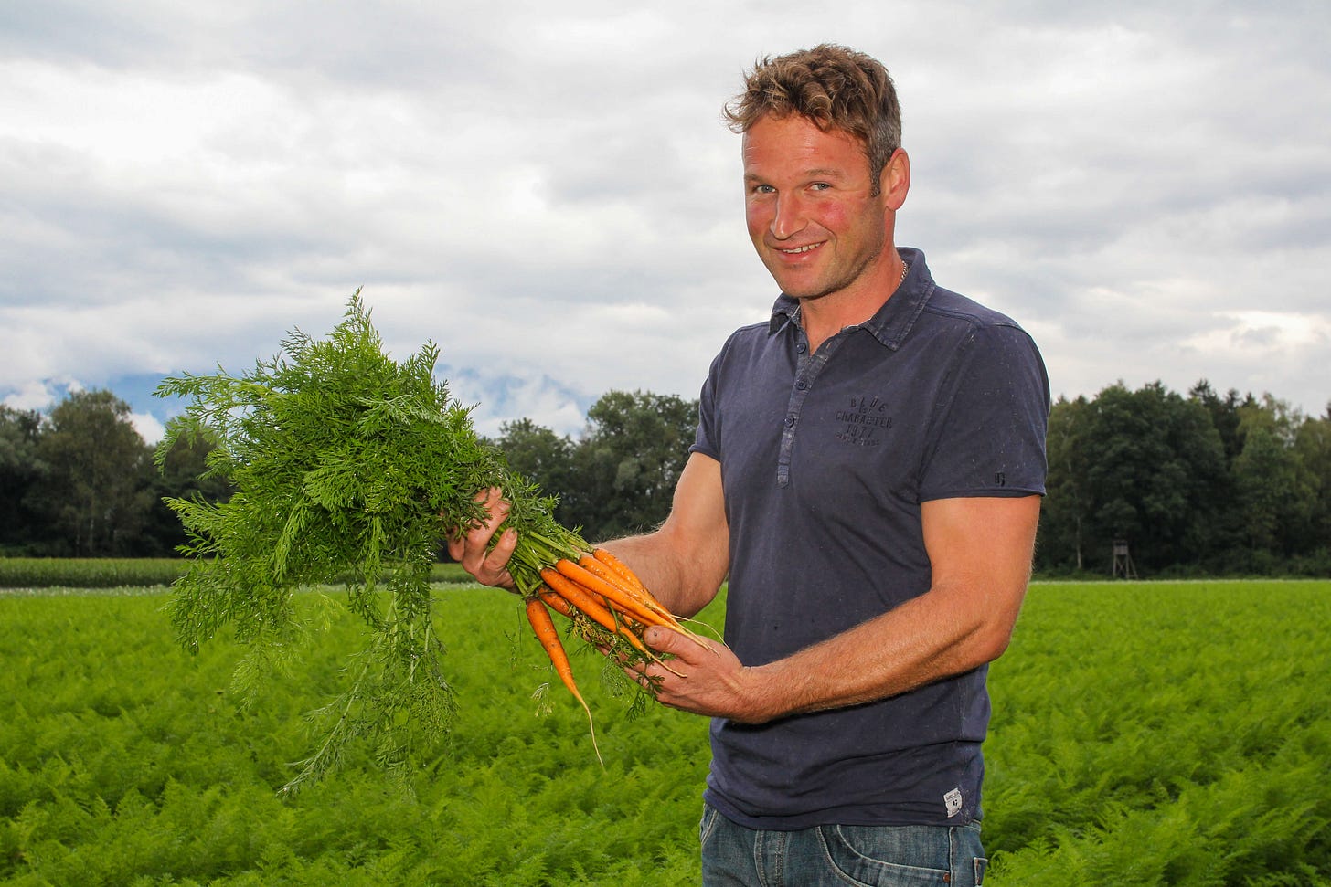 Ein Landwirt in dunkelblauem Polohemd hält auf einem Karottenfeld ein Bündel frisch geernteter Karotten mit langem Grün in den Händen; im Hintergrund Bäume und wolkenverhangener Himmel.