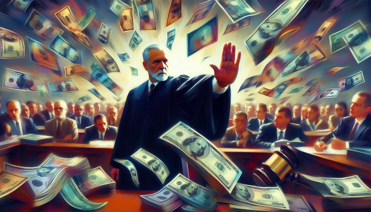 A US federal judge holds up his hand in a "stop" gesture in a crowded courtroom. Money is flying all around the air. Slight impressionist style. A US federal judge holds up his hand in a "stop" gesture in a crowded courtroom. Money is flying all around the air. Slight impressionist style.