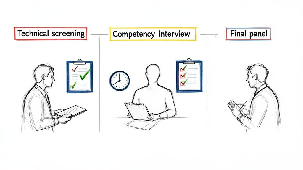 Illustration of a three-stage job hiring process: technical screening, competency interview, and final panel.