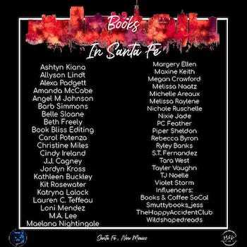 A black box with a list of authors who will be signing and selling books at books in Santa Fe with a red image aof a city skyline at the top A black box with a list of authors who will be signing and selling books at books in Santa Fe with a red image aof a city skyline at the top