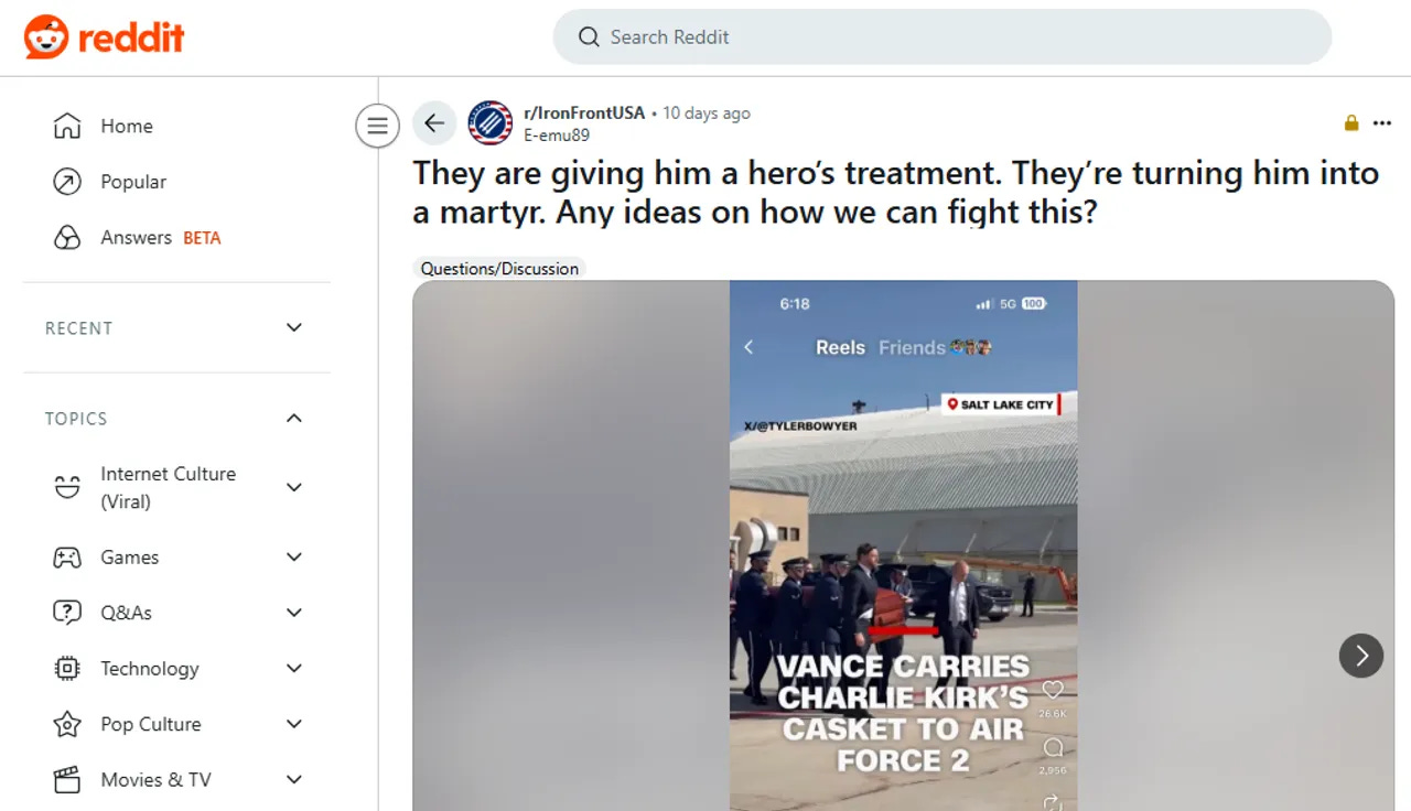 A user in a far-left Reddit forum warns that Turning Point USA founder Charlie Kirk's assassination has made him a "martyr" on Sept. 12, 2025. (Image credit: Reddit) A user in a far-left Reddit forum warns that Turning Point USA founder Charlie Kirk's assassination has made him a "martyr" on Sept. 12, 2025. (Image credit: Reddit)