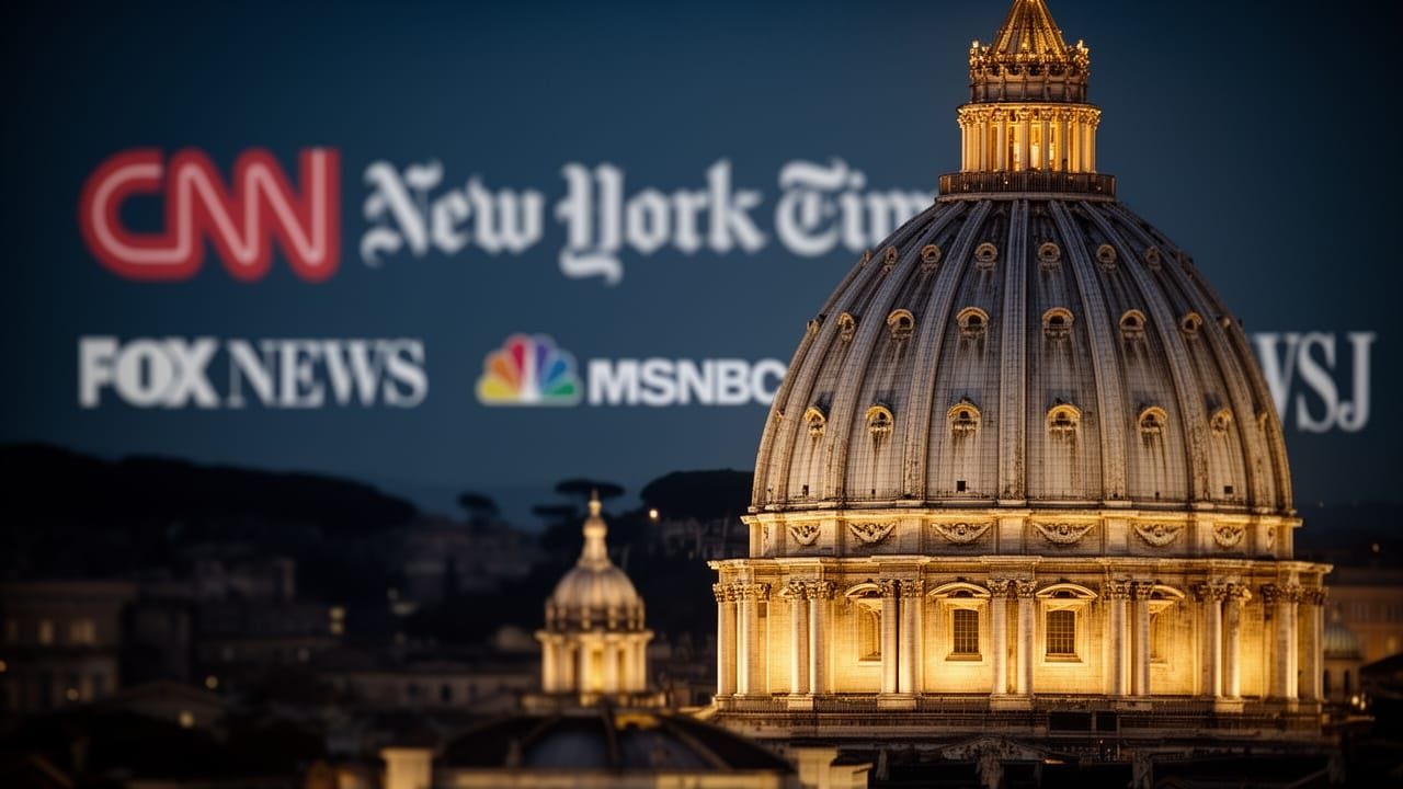 ultra-realistic photo, close-up of the Vatican dome over the logos of CNN, New York Times, Fox News, MSNBC, WSJ in the b...