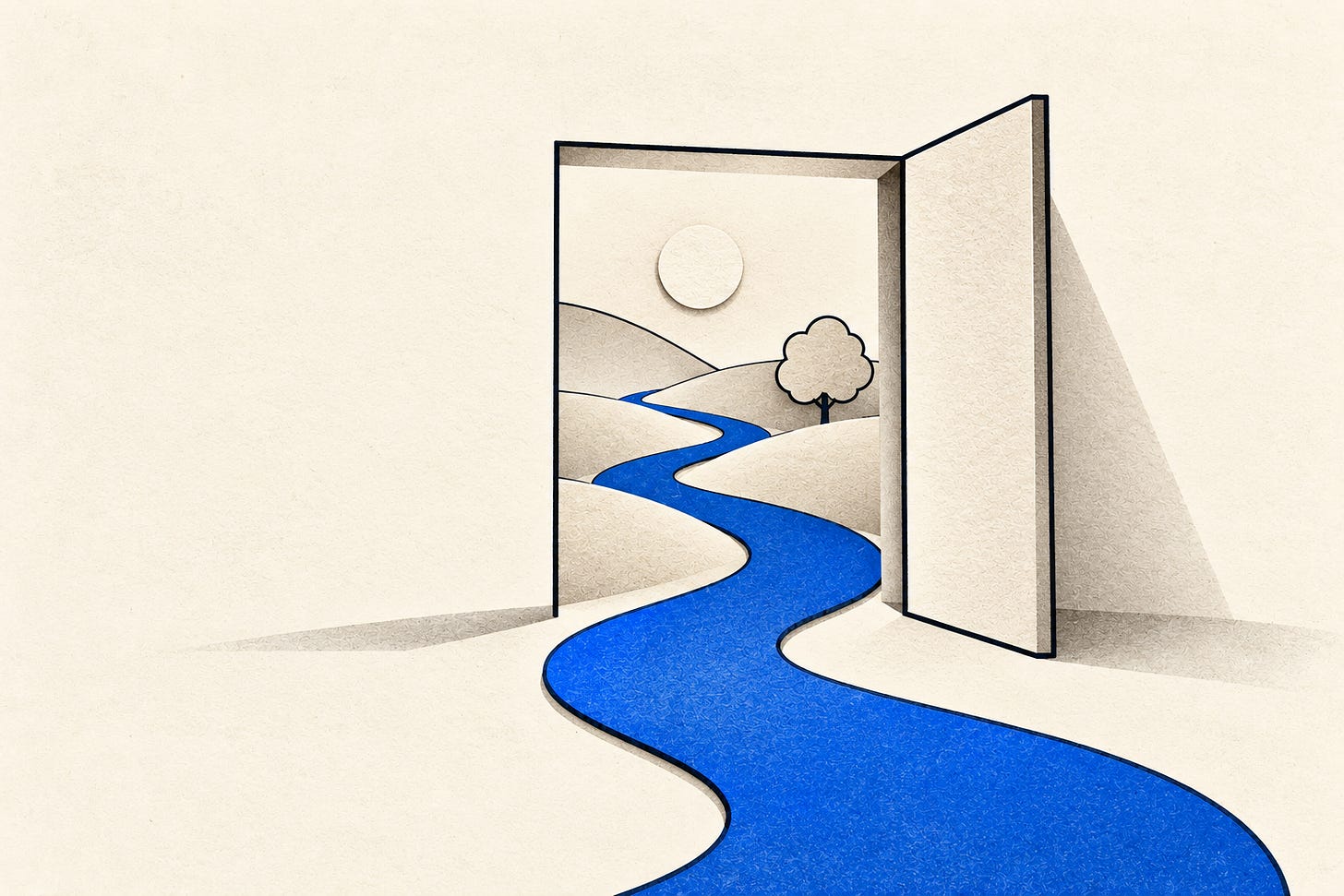A cobalt river flows through a paper doorway into an imagined landscape. A cobalt river flows through a paper doorway into an imagined landscape.
