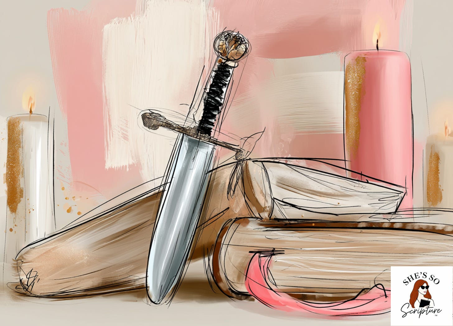 Whimsical fashion illustration of an ancient sword resting against a Bible, watercolor style in blush pink, cream, and gold tones. Whimsical fashion illustration of an ancient sword resting against a Bible, watercolor style in blush pink, cream, and gold tones.