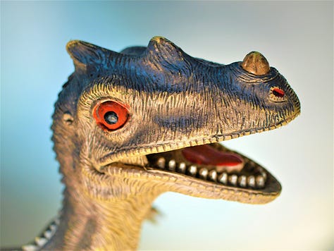 three dinosaur photos, #1 is just a giant open mouth against some out of focus trees in the background, #2 has two dinosaur heads on either side of the frame with mouths open against a black background - it looks like they’re laughing, #3 shows a dinosaur head against a blue to grey background in profile with an orange eye that appears to be looking at the viewer.