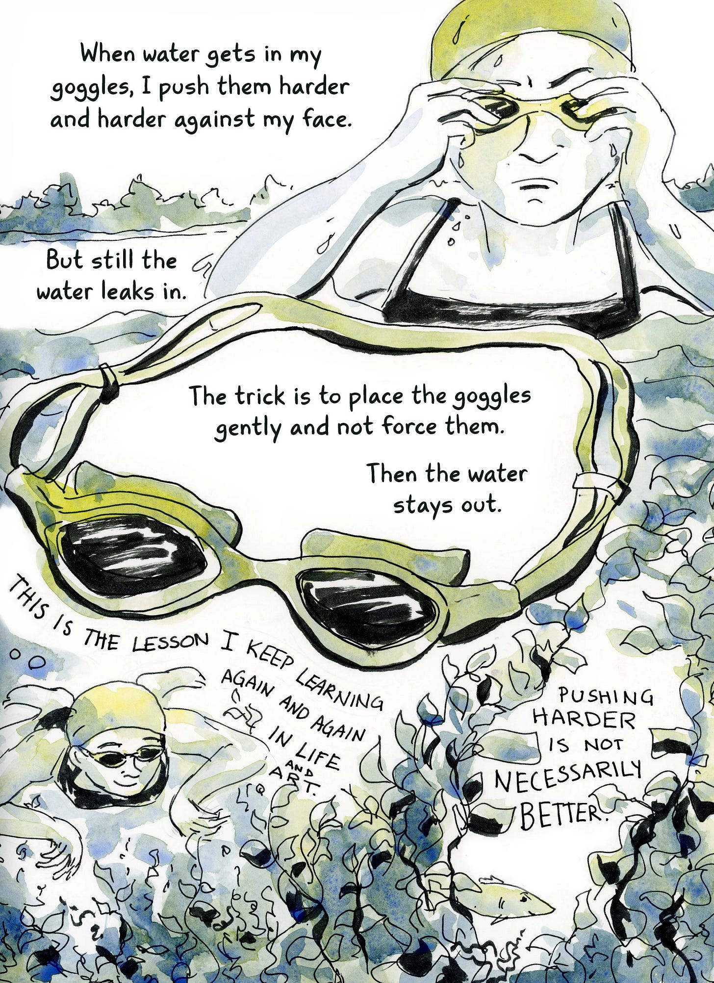 Watercolor comic page by graphic novelist K. Woodman-Maynard about swimming as an analogy for learning new things and pushing boundaries. 
